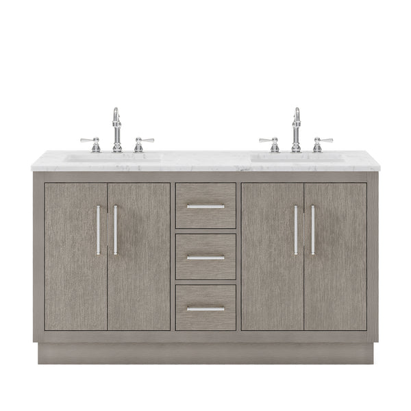 HUGO 60W x 34.3H Gray Oak Double-Sink Vanity with Carrara White Marble Countertop + Hook Faucets