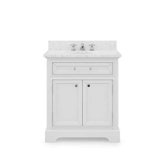 DERBY 30"W x 34"H Pure White Single-Sink Vanity with Carrara White Marble Countertop + Faucet