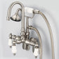 Vintage Classic Adjustable Spread Wall Mount Tub Faucet With Gooseneck Spout, Swivel Wall Connector & Handheld Shower in Brushed Nickel Finish, With Porcelain Lever Handles, Hot And Cold Labels Included