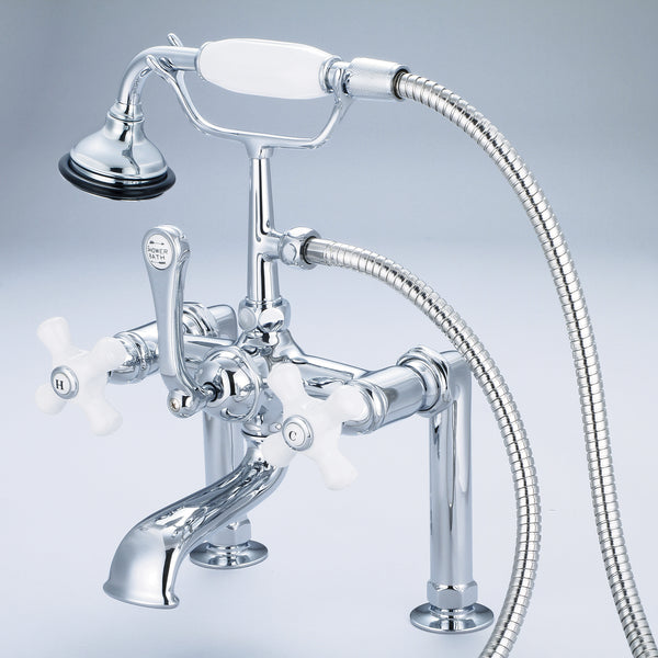 Vintage Classic 7 Spread Deck Mount Tub Faucet With 6 Risers & Handheld Shower in Chrome Finish, With Porcelain Cross Handles, Hot And Cold Labels Included