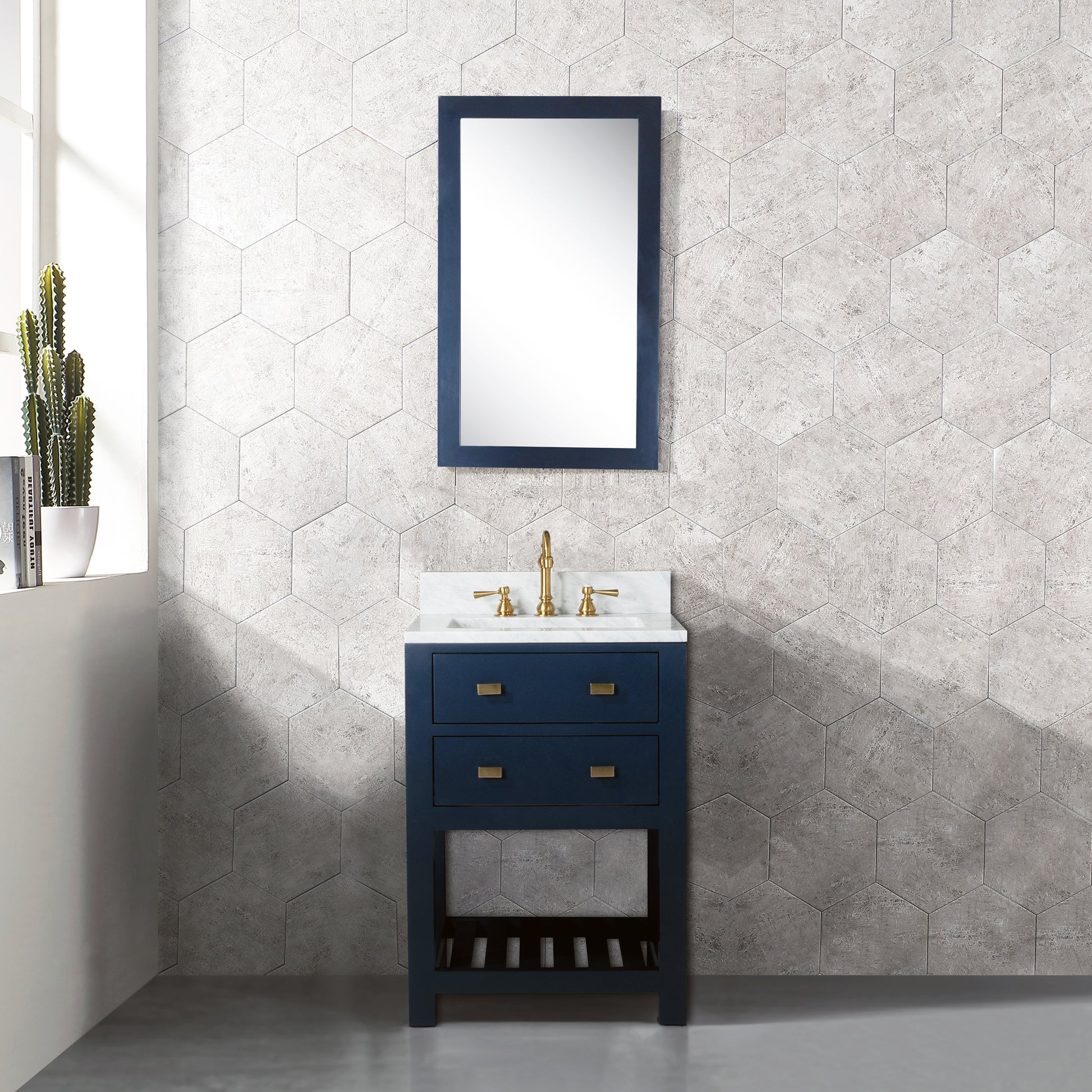 MADALYN 24"W x 34"H Monarch Blue Single-Sink Vanity with Carrara White Marble Countertop + Faucets & Mirror (F2-0012)