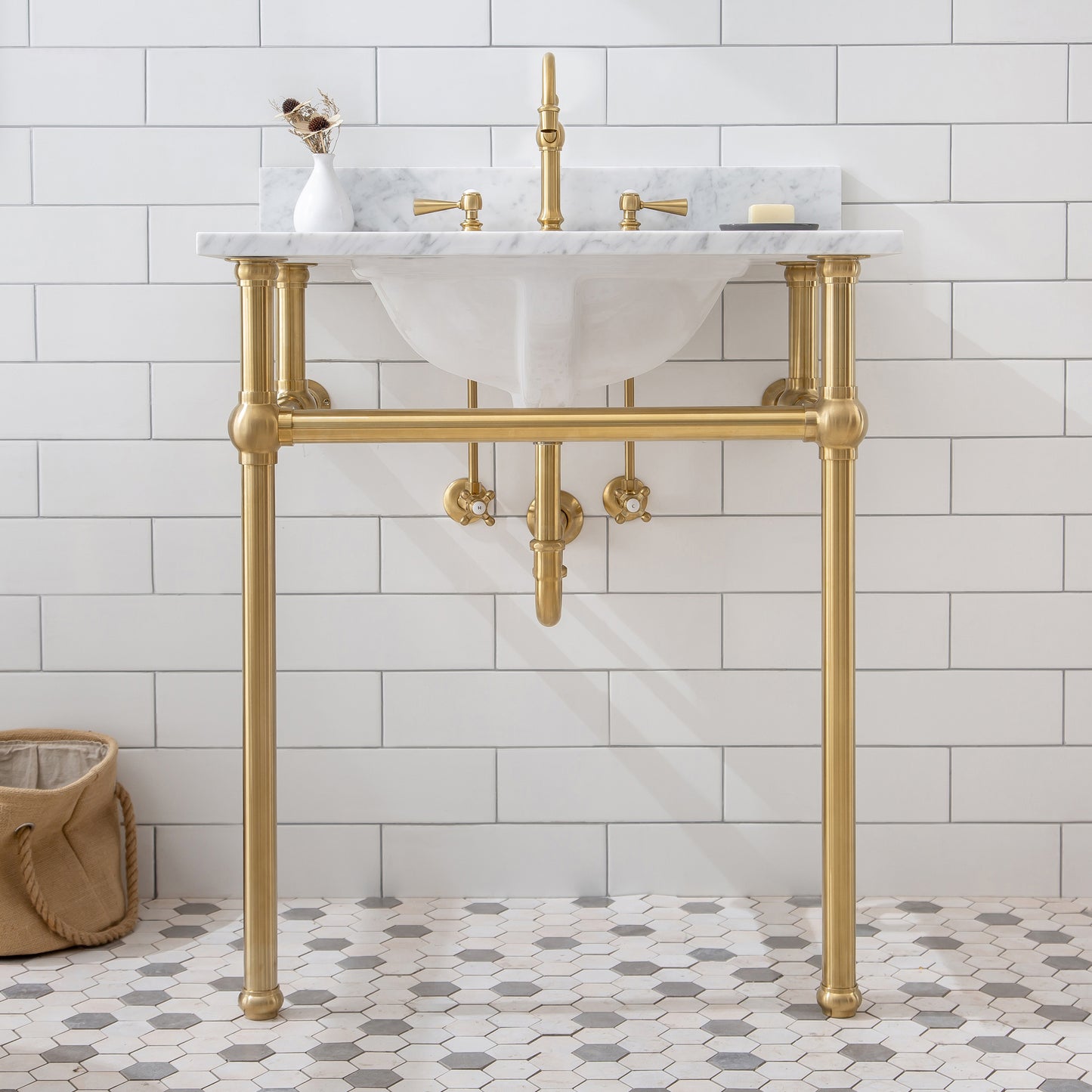 EMBASSY 30"W x 34"H  Single Washstand , P-Trap, Countertop with Sink, F2-0012 Faucet and Mirror included, in Satin Gold Finish