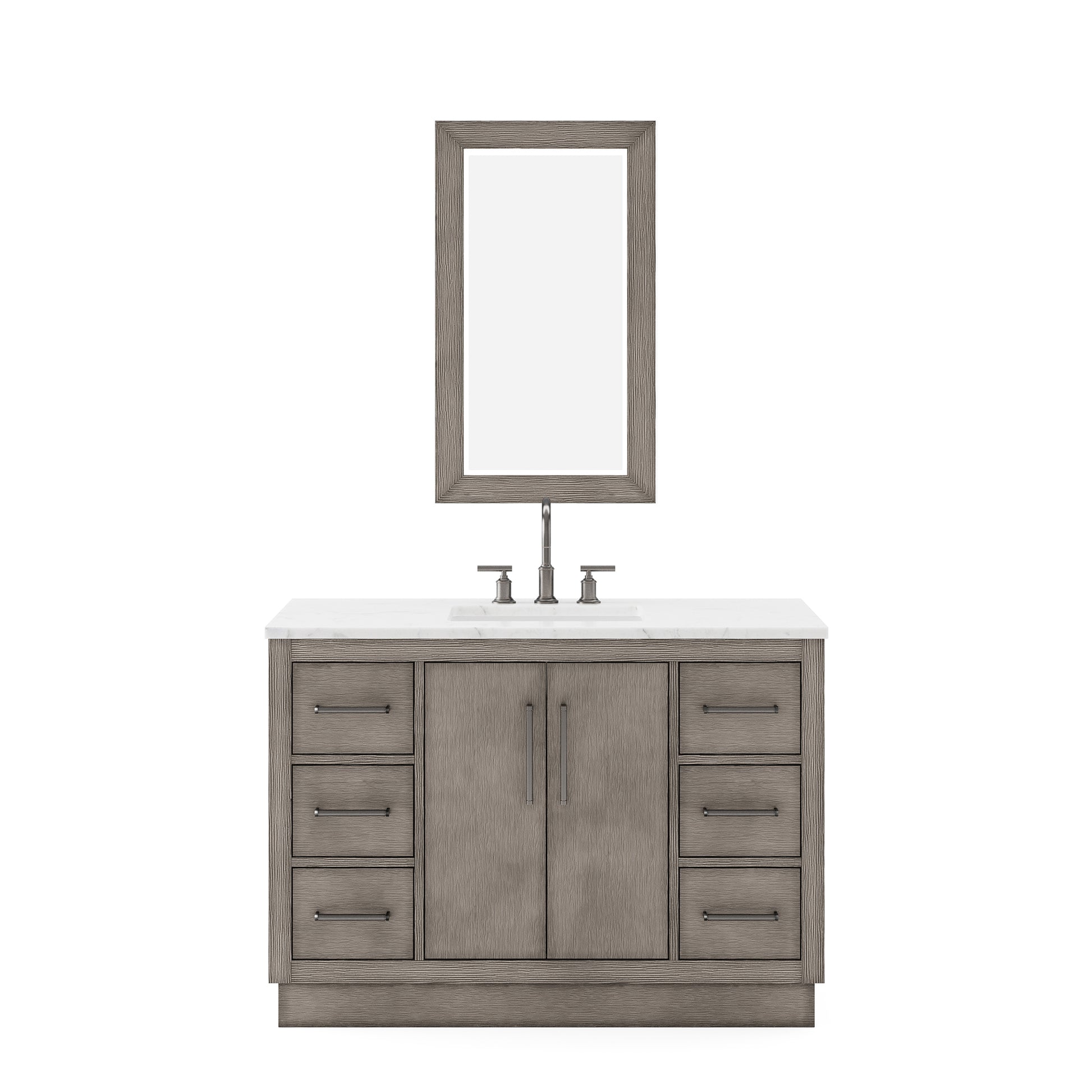 HUGO 48"W x 34.3"H Gray Oak Single-Sink Vanity with Carrara White Marble Countertop + Gooseneck Faucet and Mirror