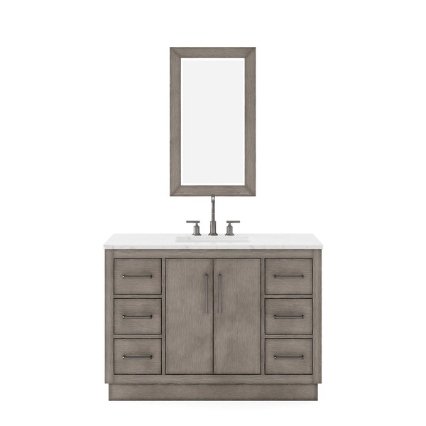 HUGO 48W x 34.3H Gray Oak Single-Sink Vanity with Carrara White Marble Countertop + Gooseneck Faucet and Mirror