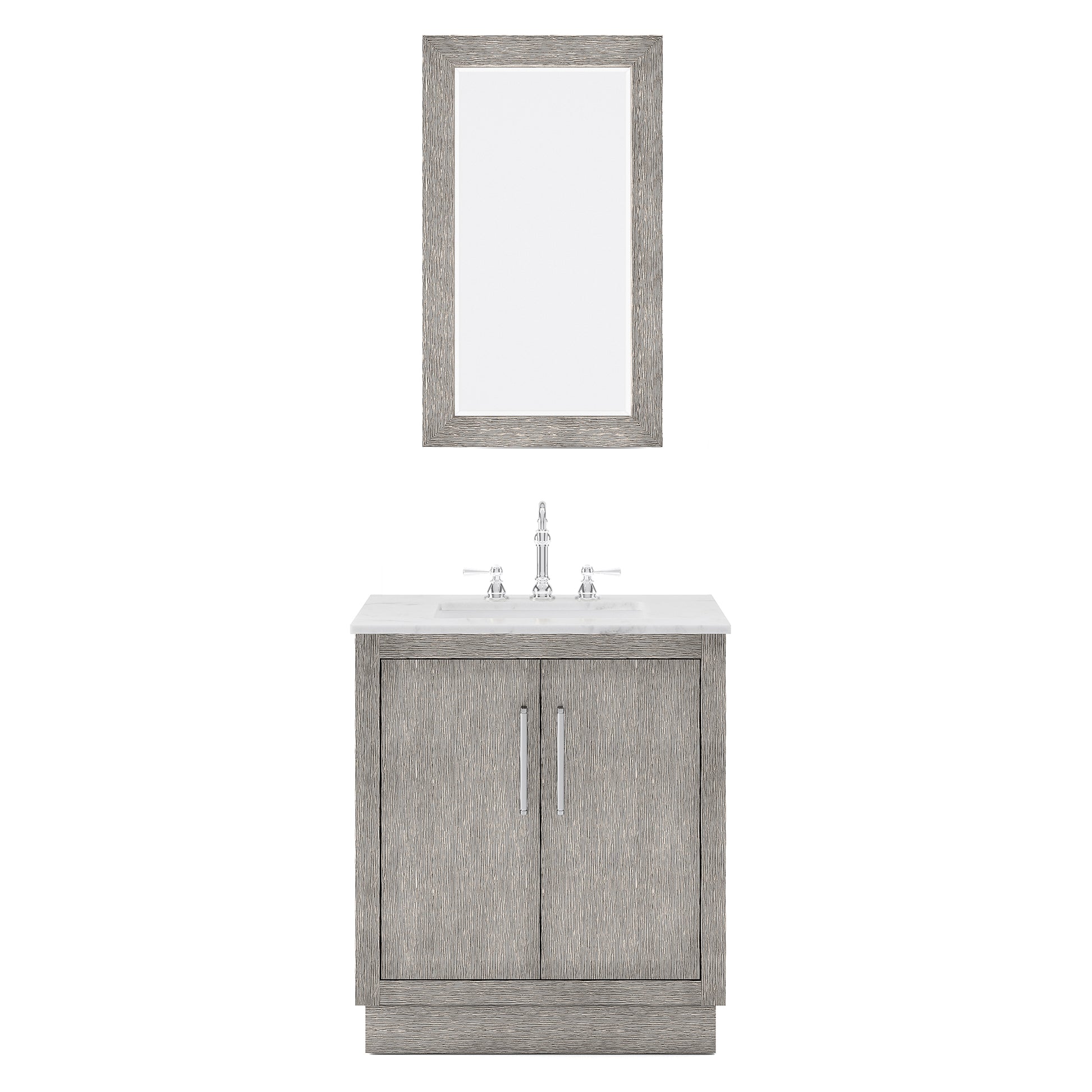 HUGO 30"W x 34.3"H Gray Oak Single-Sink Vanity with Carrara White Marble Countertop + Hook Faucet and Mirror