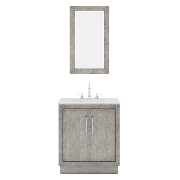 HUGO 30W x 34.3H Gray Oak Single-Sink Vanity with Carrara White Marble Countertop + Hook Faucet and Mirror