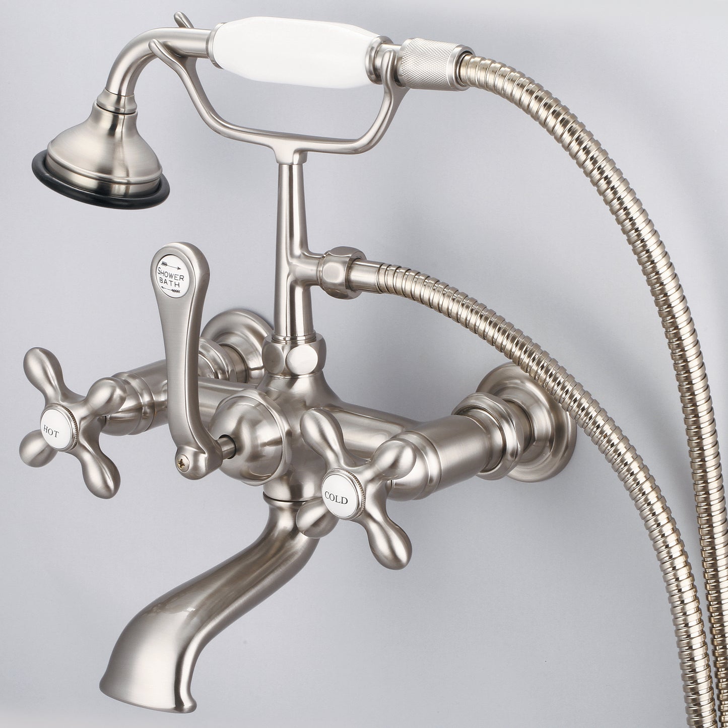 Vintage Classic 7" Spread Wall Mount Tub Faucet With Straight Wall Connector & Handheld Shower in Brushed Nickel Finish, With Metal Lever Handles, Hot And Cold Labels Included