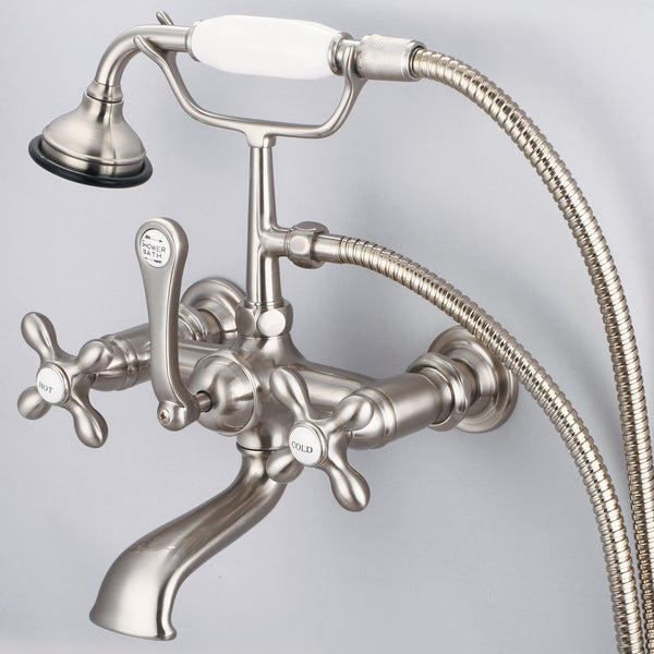 Vintage Classic 7 Spread Wall Mount Tub Faucet With Straight Wall Connector & Handheld Shower in Brushed Nickel Finish, With Metal Lever Handles, Hot And Cold Labels Included