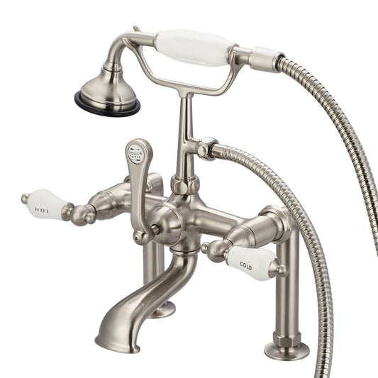 Vintage Classic 7" Spread Deck Mount Tub Faucet With 6" Risers & Handheld Shower in Brushed Nickel Finish, With Porcelain Lever Handles, Hot And Cold Labels Included