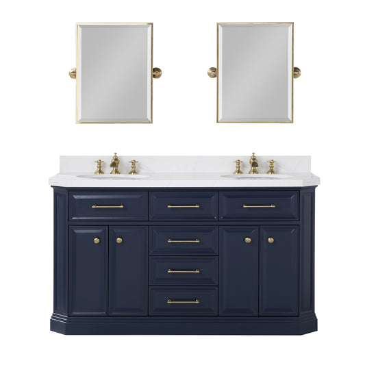 PALACE 60"W x 34"H Monarch Blue Double-Sink Vanity with White Quartz Countertop + Faucets & Mirrors (Waterfall Faucets)