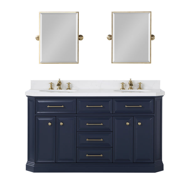 PALACE 60W x 34H Monarch Blue Double-Sink Vanity with White Quartz Countertop + Faucets & Mirrors (Waterfall Faucets)