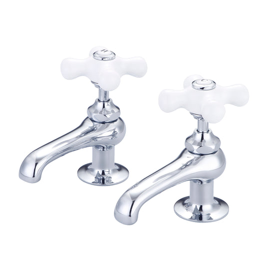 Vintage Classic Basin Cocks Bathroom Faucets in Chrome Finish, With Porcelain Cross Handles, Hot And Cold Labels Included