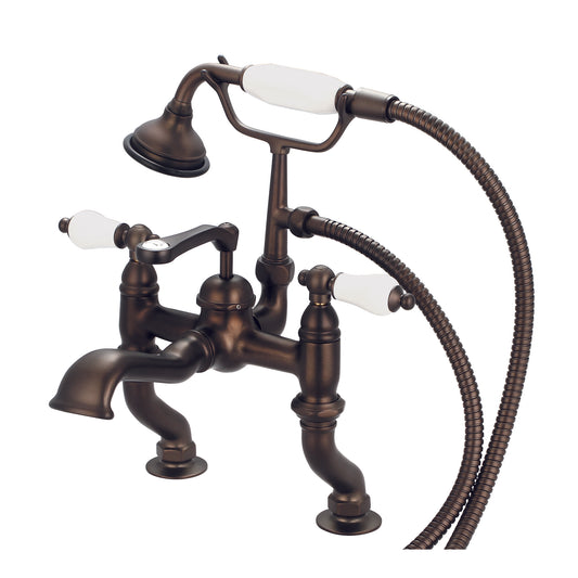 Vintage Classic Adjustable Center Deck Mount Tub Faucet With Handheld Shower in Oil Rubbed Bronze Finish, With Porcelain Lever Handles Without labels