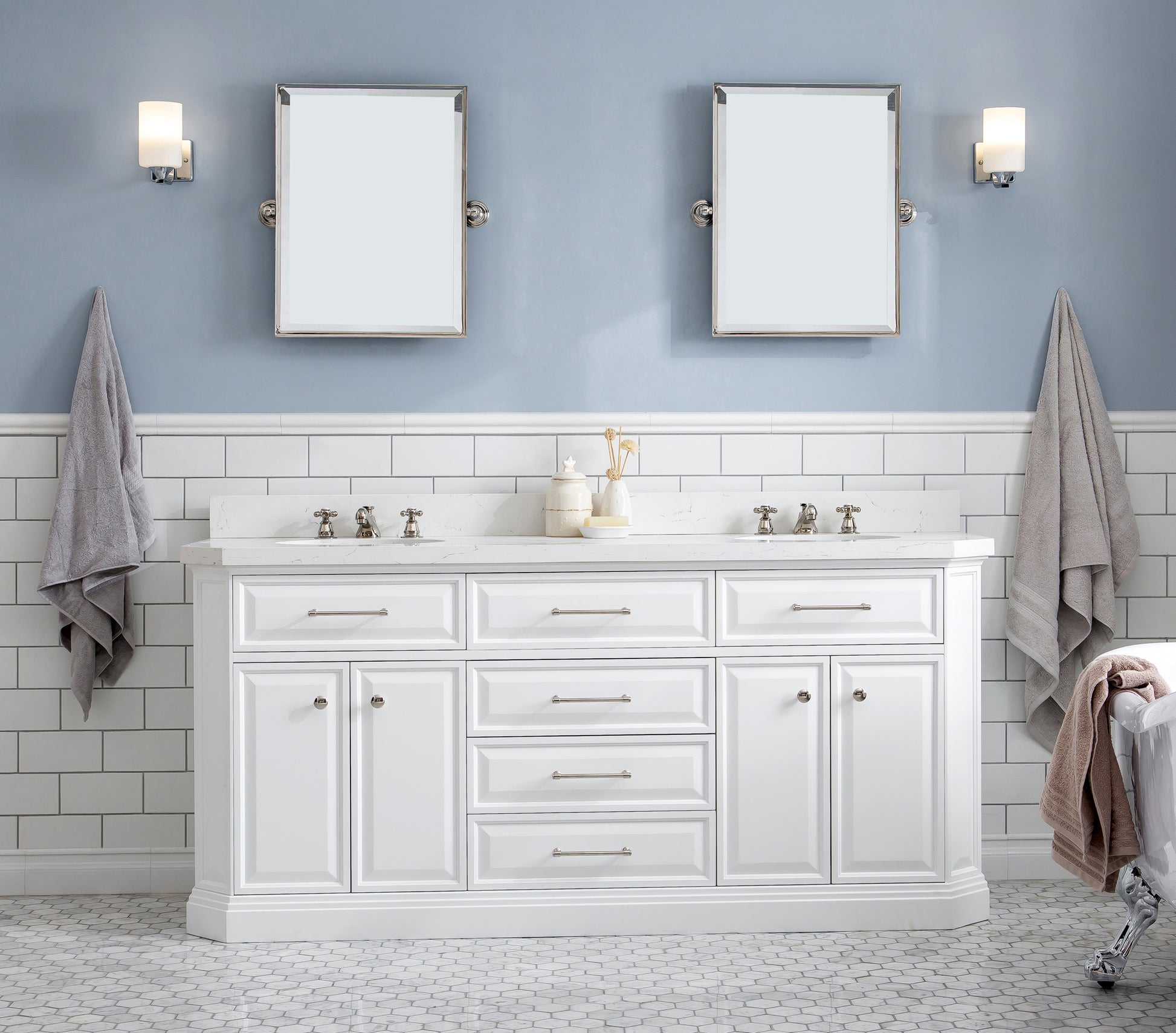 PALACE 72"W x 34"H Pure White Vanity with Carrara Quartz Countertop + Faucets (F2-0009), Polished Nickel Finish Hardware