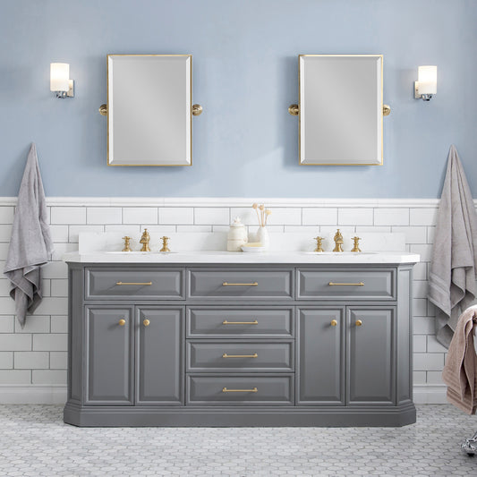 PALACE 72"W x 34"H Cashmere Gray Vanity with Carrara Quartz Countertop + Faucets & Mirrors (F2-0013), Satin Gold Finish Hardware & Chrome Finish Mirror (B)