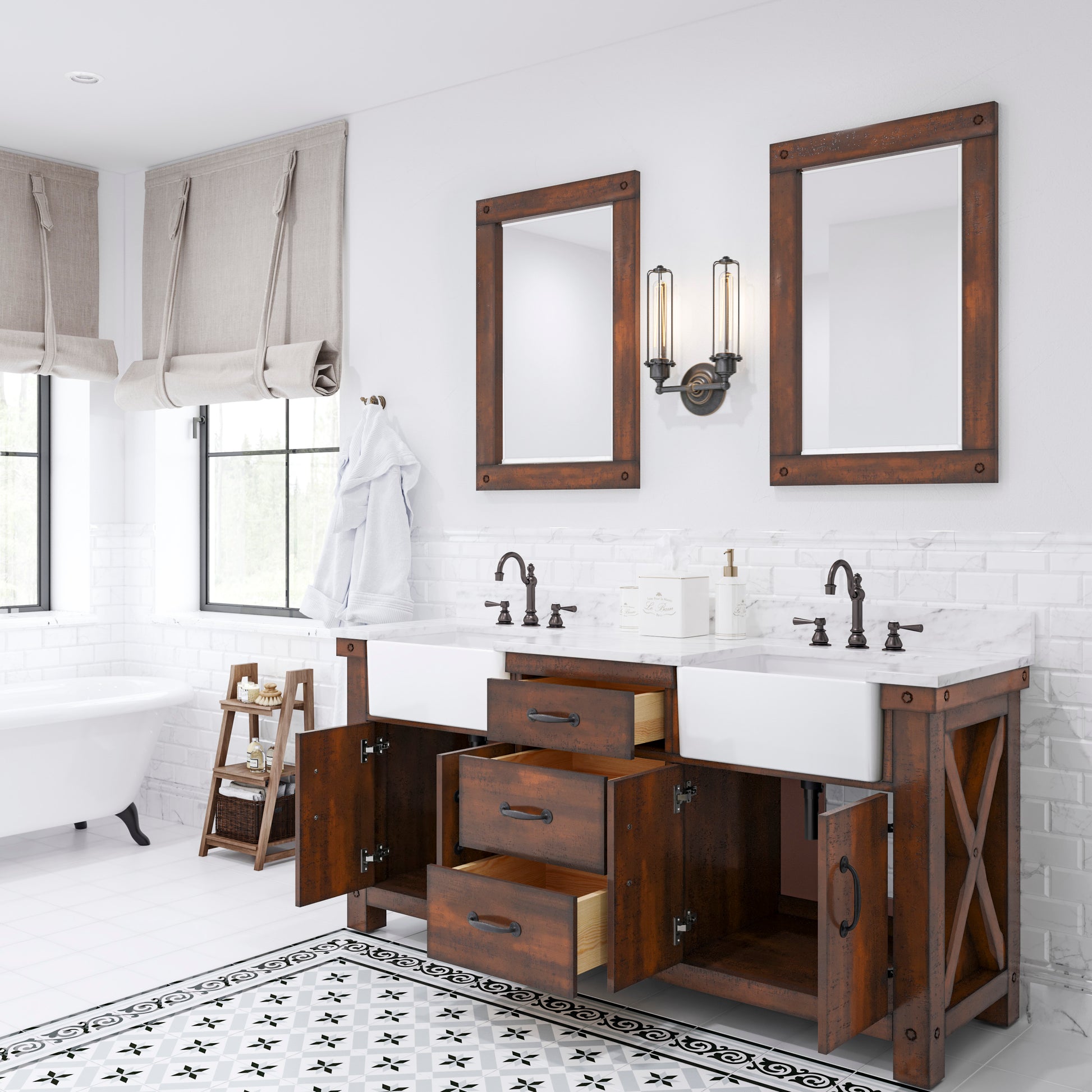 PAISLEY 72"W x 33"H Sierra Rustic Double-Sink Vanity with Carrara White Marble Countertop + Hook Faucet and Mirror