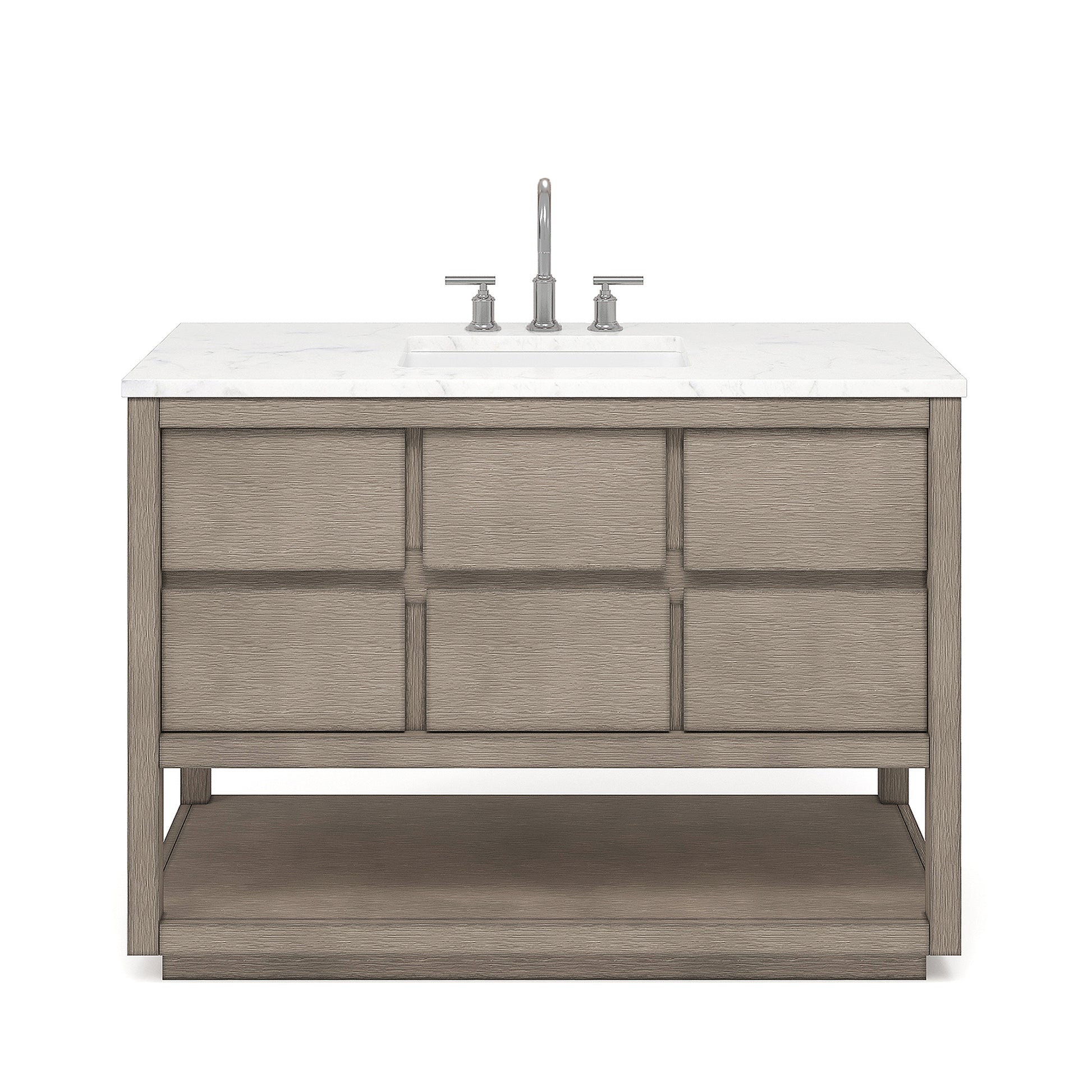 OAKMAN 48"W x 34.3"H Gray Oak Double-Sink Vanity with Carrara White Marble Countertop + Chrome Faucet