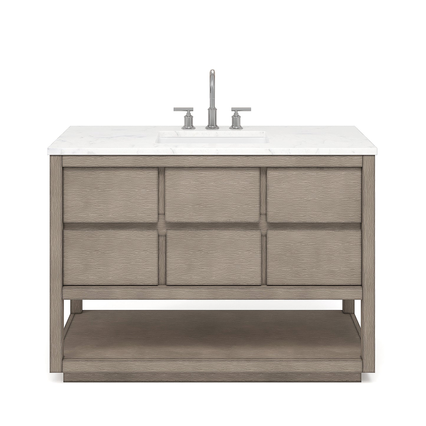 OAKMAN 48"W x 34.3"H Gray Oak Double-Sink Vanity with Carrara White Marble Countertop + Chrome Faucet