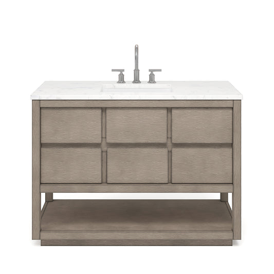 OAKMAN 48"W x 34.3"H Gray Oak Double-Sink Vanity with Carrara White Marble Countertop + Chrome Faucet