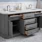 PALACE 72"W x 34"H Cashmere Gray Vanity with Carrara Quartz Countertop + Faucets (F2-0012), Polished Nickel Finish Hardware