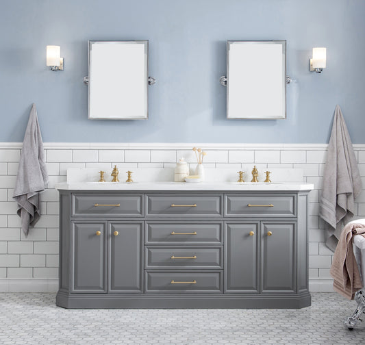 PALACE 72"W x 34"H Cashmere Gray Vanity with Carrara Quartz Countertop + Mirrors, Satin Gold Finish Hardware & Chrome Finish Mirror (A)