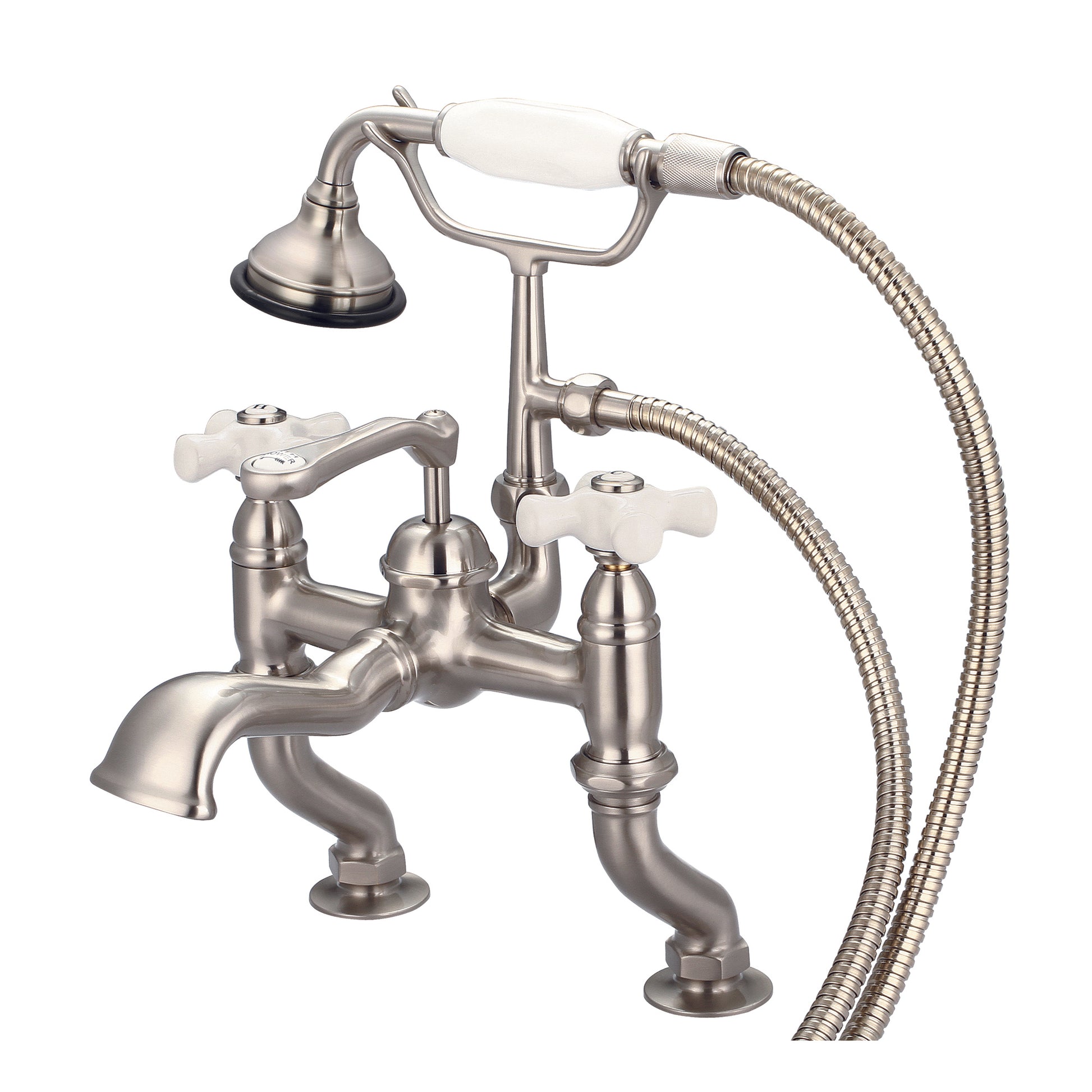 Vintage Classic Adjustable Center Deck Mount Tub Faucet With Handheld Shower in Brushed Nickel Finish, With Porcelain Cross Handles, Hot And Cold Labels Included