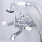 Vintage Classic 7" Spread Wall Mount Tub Faucet With Straight Wall Connector & Handheld Shower in Chrome Finish, With Porcelain Lever Handles, Hot And Cold Labels Included