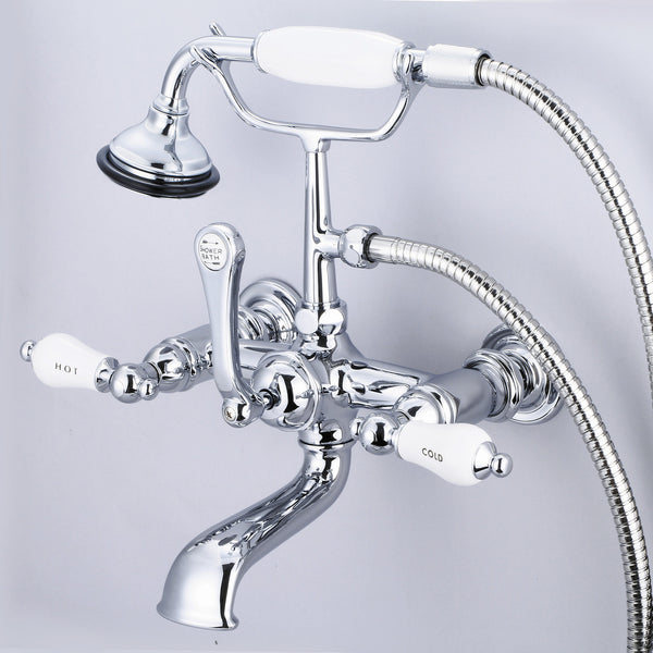 Vintage Classic 7 Spread Wall Mount Tub Faucet With Straight Wall Connector & Handheld Shower in Chrome Finish, With Porcelain Lever Handles, Hot And Cold Labels Included