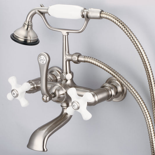 Vintage Classic 7" Spread Wall Mount Tub Faucet With Straight Wall Connector & Handheld Shower in Brushed Nickel Finish, With Porcelain Cross Handles, Hot And Cold Labels Included