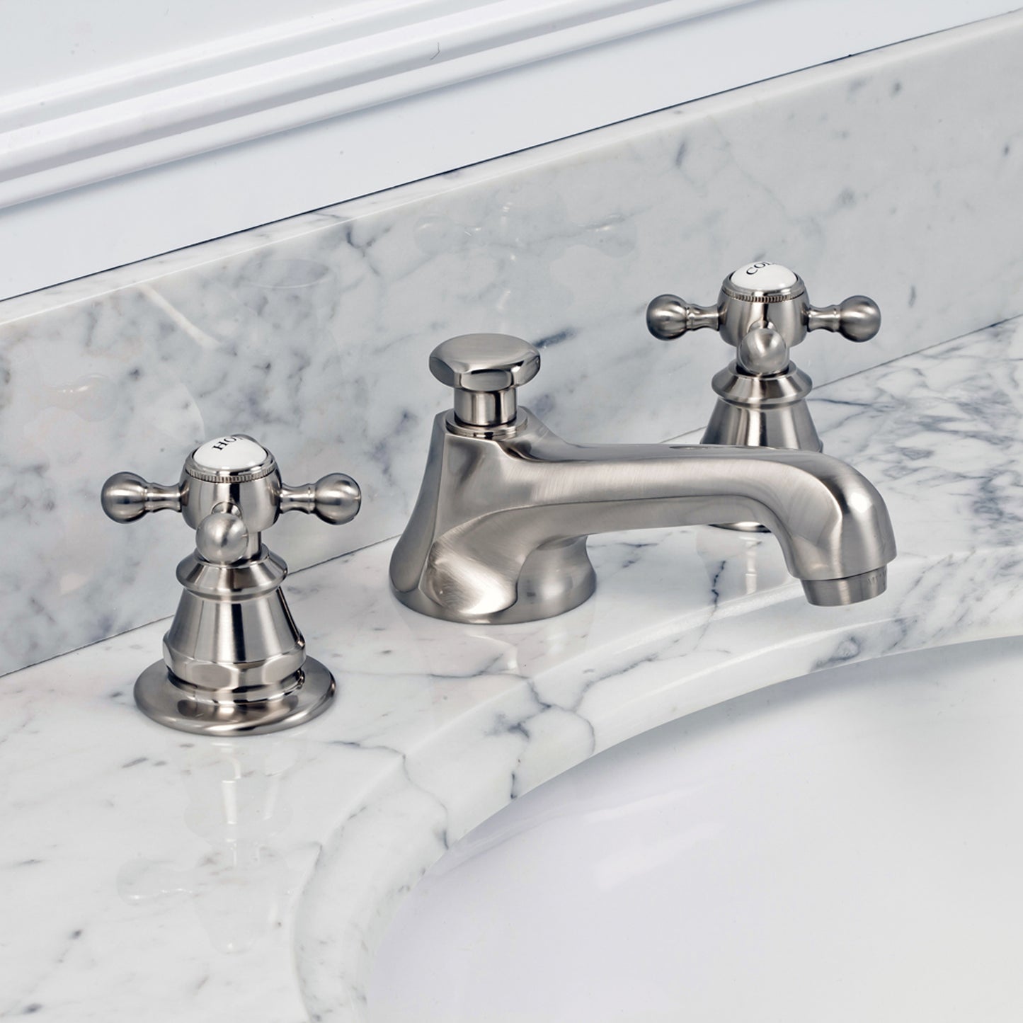 American 20th Century Classic Widespread Bathroom F2-0009 Faucets With Pop-Up Drain in Brushed Nickel Finish, With Metal Cross Handles, Hot And Cold Labels Included