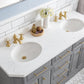 PALACE 60"W x 34"H Cashmere Gray Vanity with Carrara Quartz Countertop + Faucets & Mirrors (F2-0013), Satin Gold Finish Hardware & Chrome Finish Mirror (A)