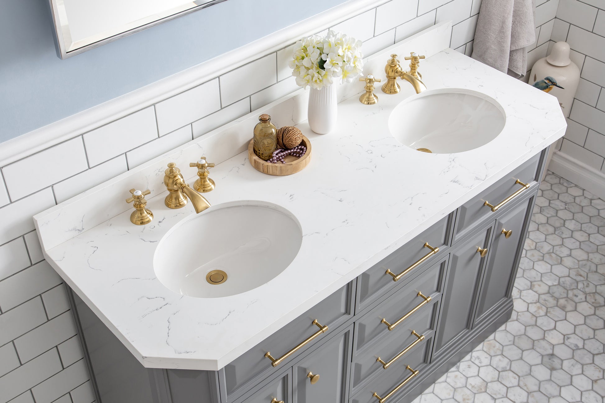 PALACE 60"W x 34"H Cashmere Gray Vanity with Carrara Quartz Countertop + Faucets & Mirrors (F2-0013), Satin Gold Finish Hardware & Chrome Finish Mirror (A)