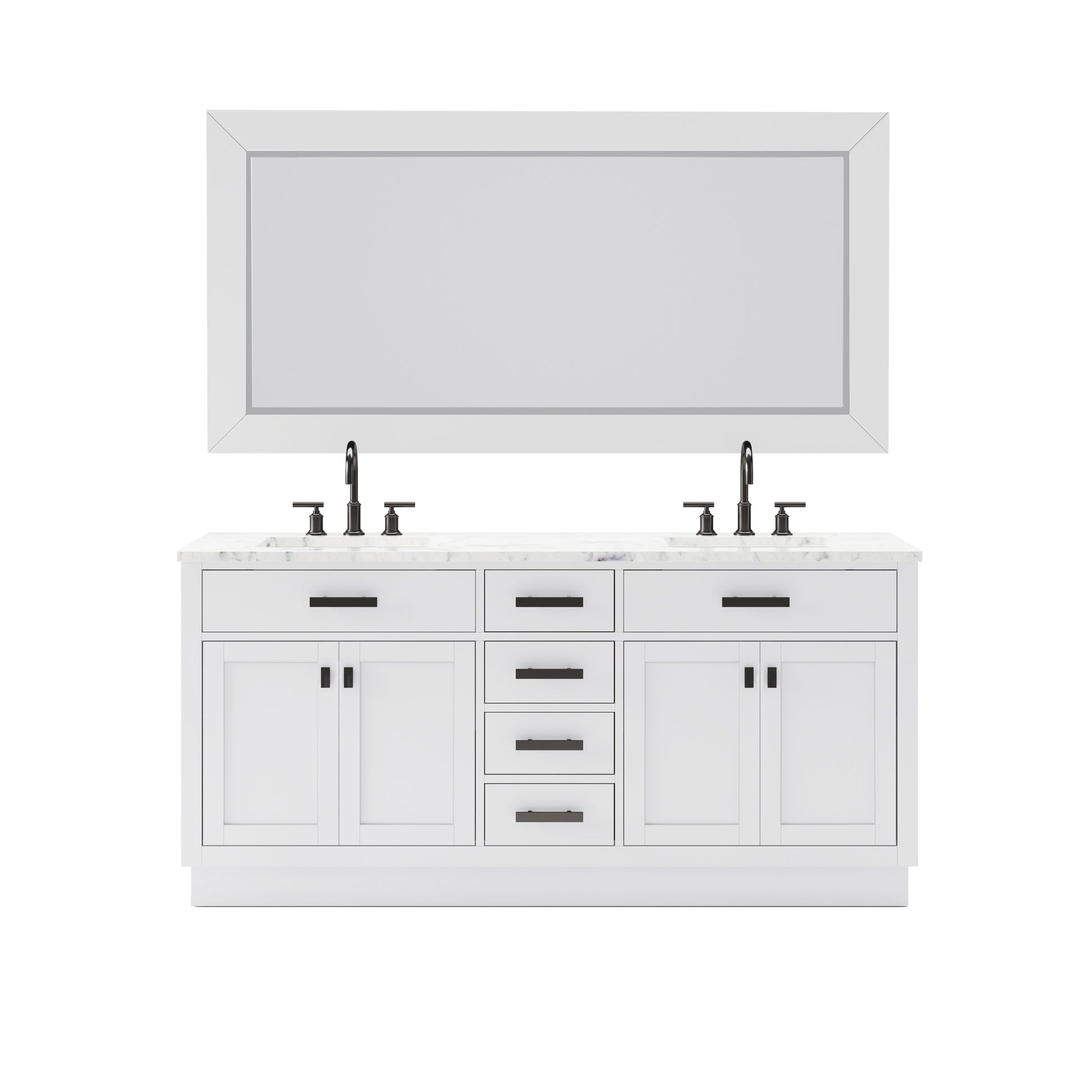 HARTFORD 72"W x 34"H Pure White Double-Sink Vanity with Carrara White Marble Countertop + Gooseneck Faucet and Mirror