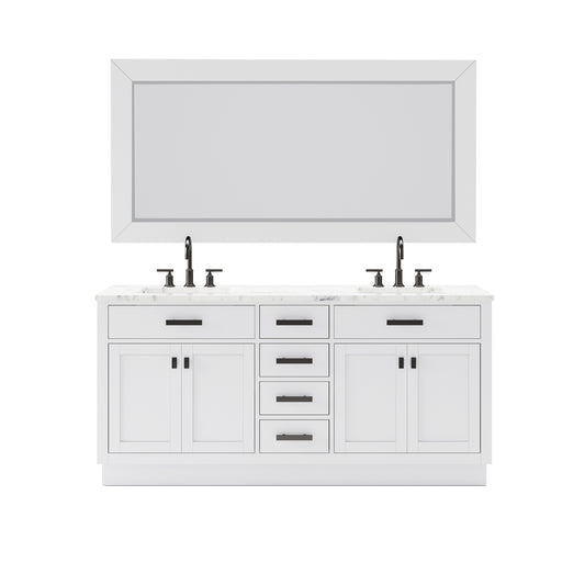 HARTFORD 72"W x 34"H Pure White Double-Sink Vanity with Carrara White Marble Countertop + Gooseneck Faucet and Mirror