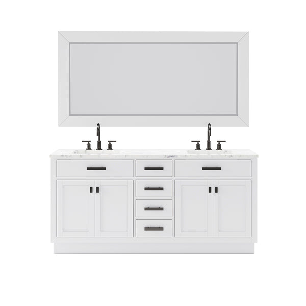 HARTFORD 72W x 34H Pure White Double-Sink Vanity with Carrara White Marble Countertop + Gooseneck Faucet and Mirror