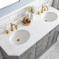 PALACE 60"W x 34"H Cashmere Gray Vanity with Carrara Quartz Countertop + Faucets & Mirrors (F2-0012), Satin Gold Finish Hardware & Chrome Finish Mirror (A)