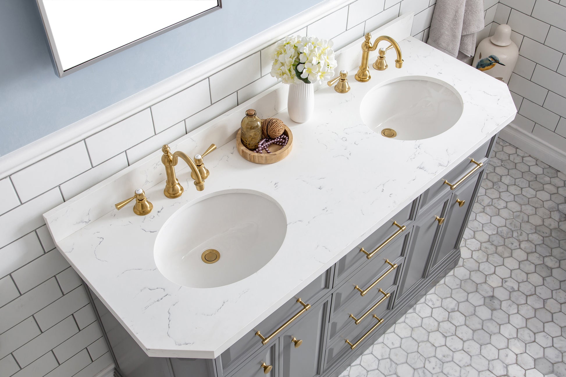 PALACE 60"W x 34"H Cashmere Gray Vanity with Carrara Quartz Countertop + Faucets & Mirrors (F2-0012), Satin Gold Finish Hardware & Chrome Finish Mirror (A)