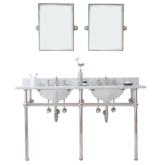 EMBASSY 60"W x 34"H  Double Washstand , P-Trap, Countertop with Sink, F2-0013 Faucet and Mirror included, in Polished Nickel Finish