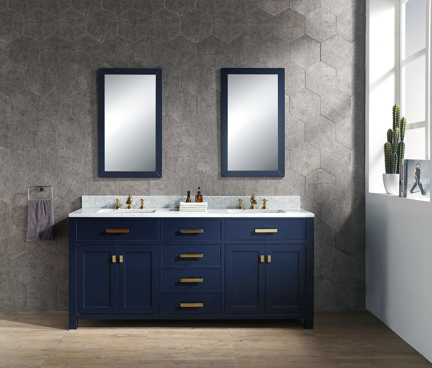 MADISON 72"W x 34"H Monarch Blue Double-Sink Vanity with Carrara White Marble Countertop + Faucets & Mirror (F2-0013-06-FX)