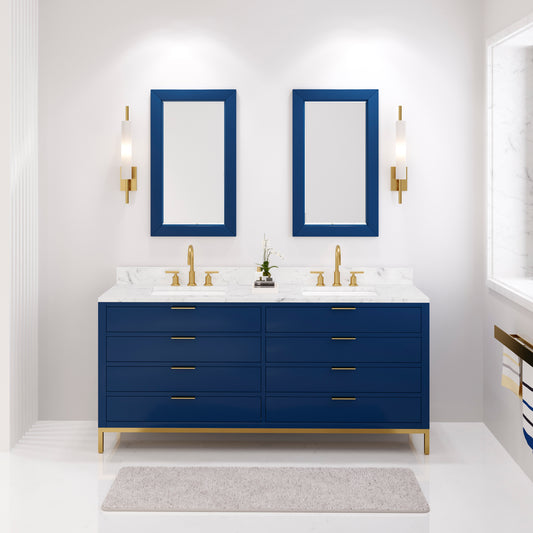 BRISTOL 72"W x 34"H Monarch Blue Double-Sink Vanity with Carrara White Marble Countertop + Satin Gold Gooseneck Faucets