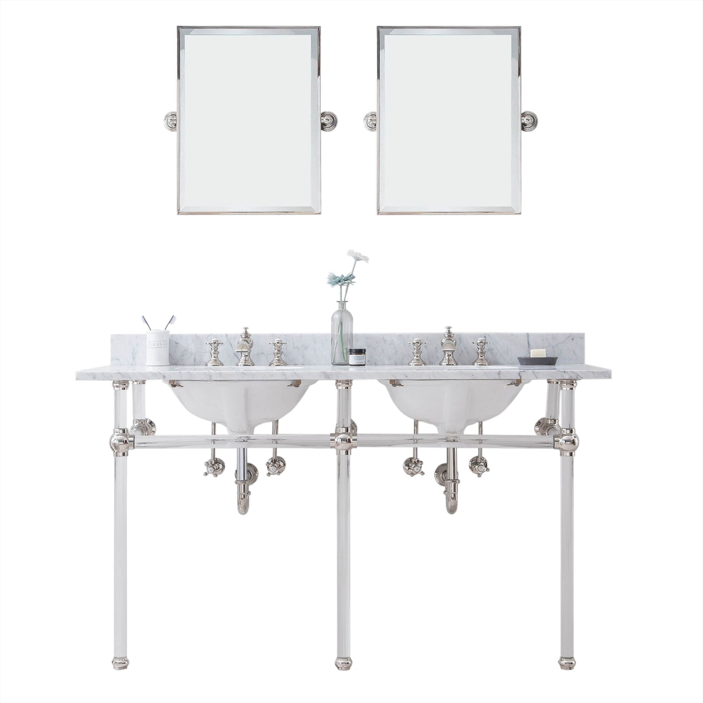 EMPIRE 60"W x 34"H  Double Washstand , P-Trap, Countertop with Sink, F2-0013 Faucet and Mirror included, in Polished Nickel Finish