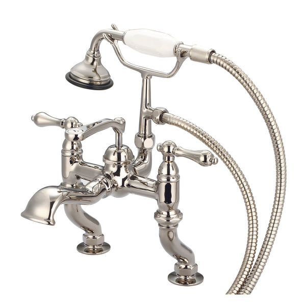 Vintage Classic Adjustable Center Deck Mount Tub Faucet With Handheld Shower in Polished Nickel Finish, With Metal Lever Handles Without Labels