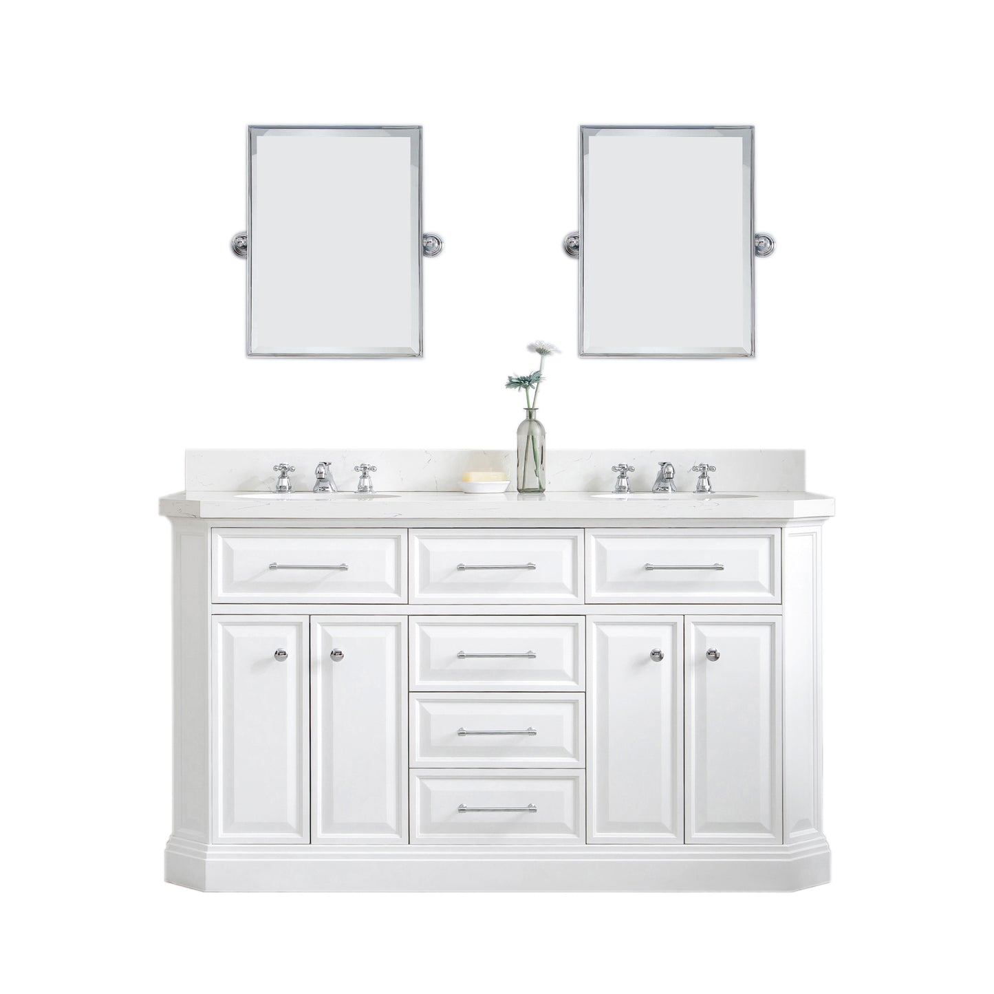 PALACE 60"W x 34"H Pure White Vanity with Carrara Quartz Countertop + Mirror, Chrome Finish Hardware & Mirror