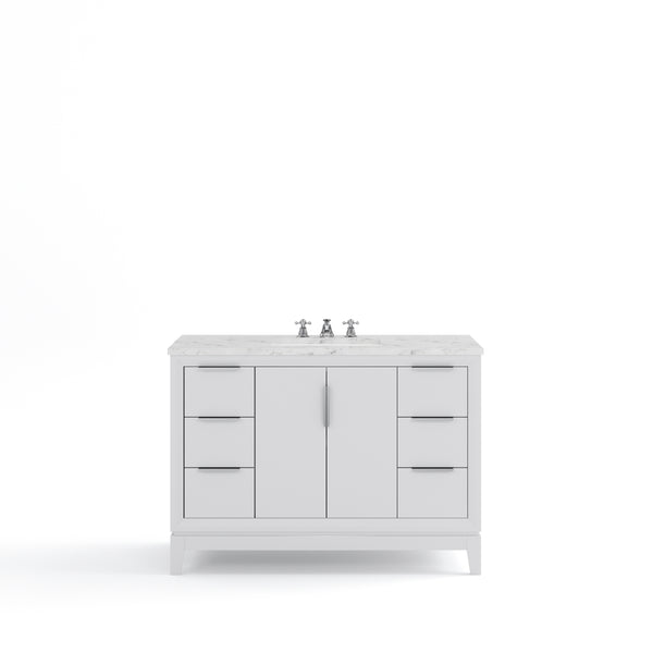 ELIZABETH 48W x 34.25H Pure White Single-Sink Vanity with Carrara White Marble Countertop + Faucets (F2-0009-01-BX)