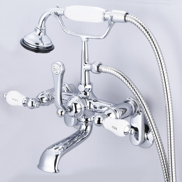 Vintage Classic Adjustable Center Wall Mount Tub Faucet With Swivel Wall Connector & Handheld Shower in Chrome Finish, With Porcelain Lever Handles, Hot And Cold Labels Included