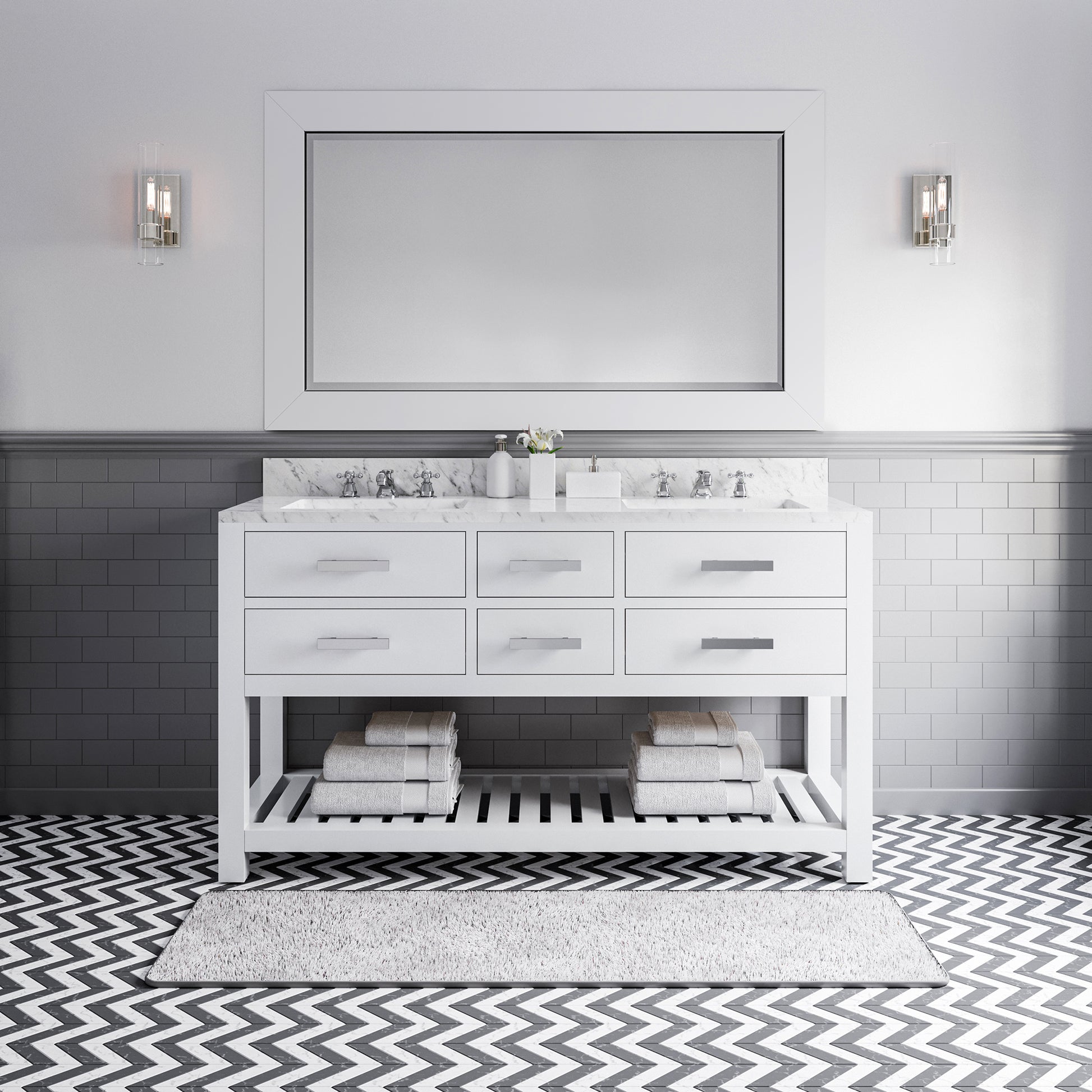 MADALYN 60"W x 34"H Pure White Double-Sink Vanity + Mirror