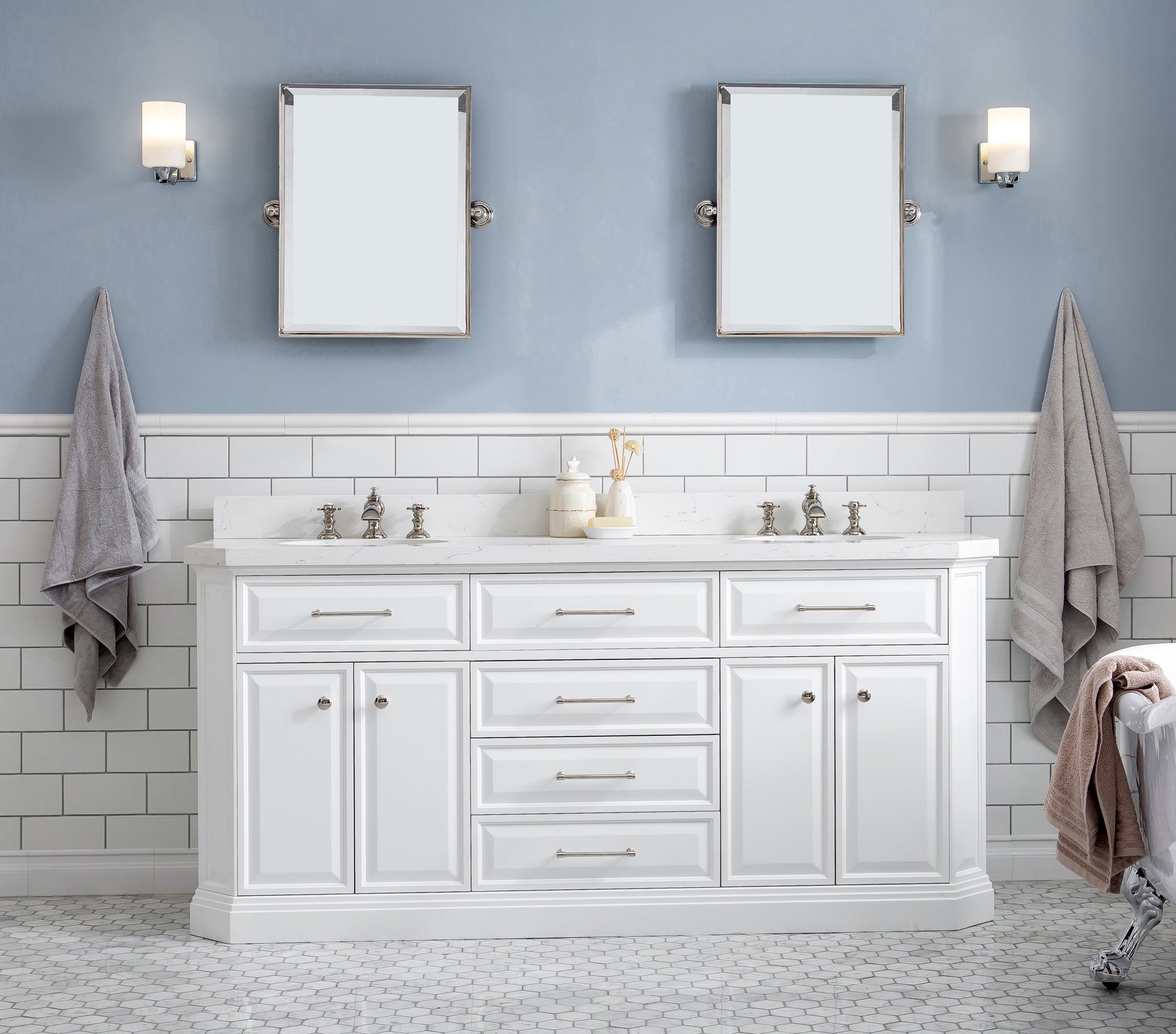 PALACE 72"W x 34"H Pure White Vanity with Carrara Quartz Countertop + Faucets & Mirror (F2-0013), Polished Nickel Finish Hardware & Mirror