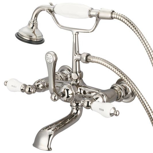 Vintage Classic 7" Spread Wall Mount Tub Faucet With Straight Wall Connector & Handheld Shower in Polished Nickel Finish, With Porcelain Lever Handles, Hot And Cold Labels Included