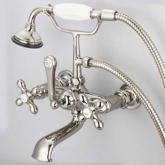 Vintage Classic 7" Spread Wall Mount Tub Faucet With Straight Wall Connector & Handheld Shower in Polished Nickel Finish, With Metal Lever Handles, Hot And Cold Labels Included