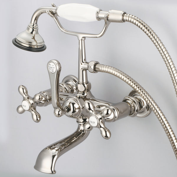 Vintage Classic 7 Spread Wall Mount Tub Faucet With Straight Wall Connector & Handheld Shower in Polished Nickel Finish, With Metal Lever Handles, Hot And Cold Labels Included